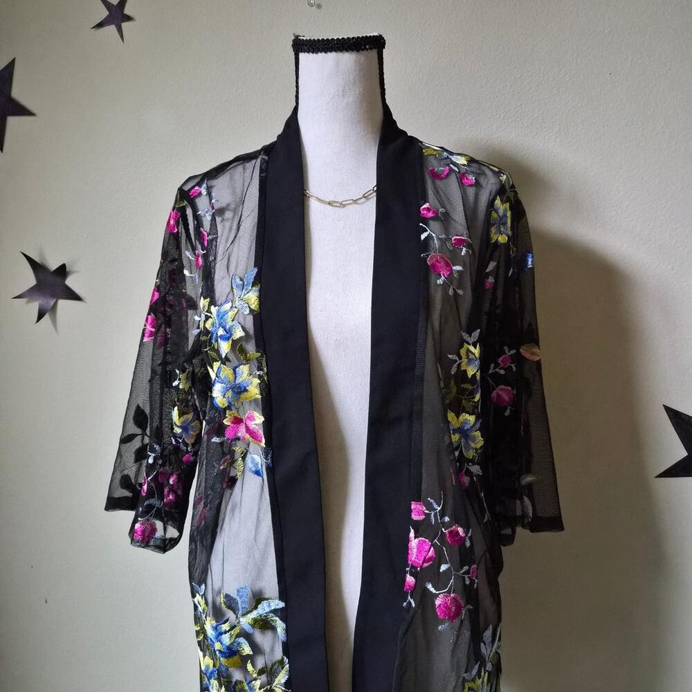 NY Collections Floral Embroidered Kimono Sheer Mesh Boho Fairy Maximalist NWT S